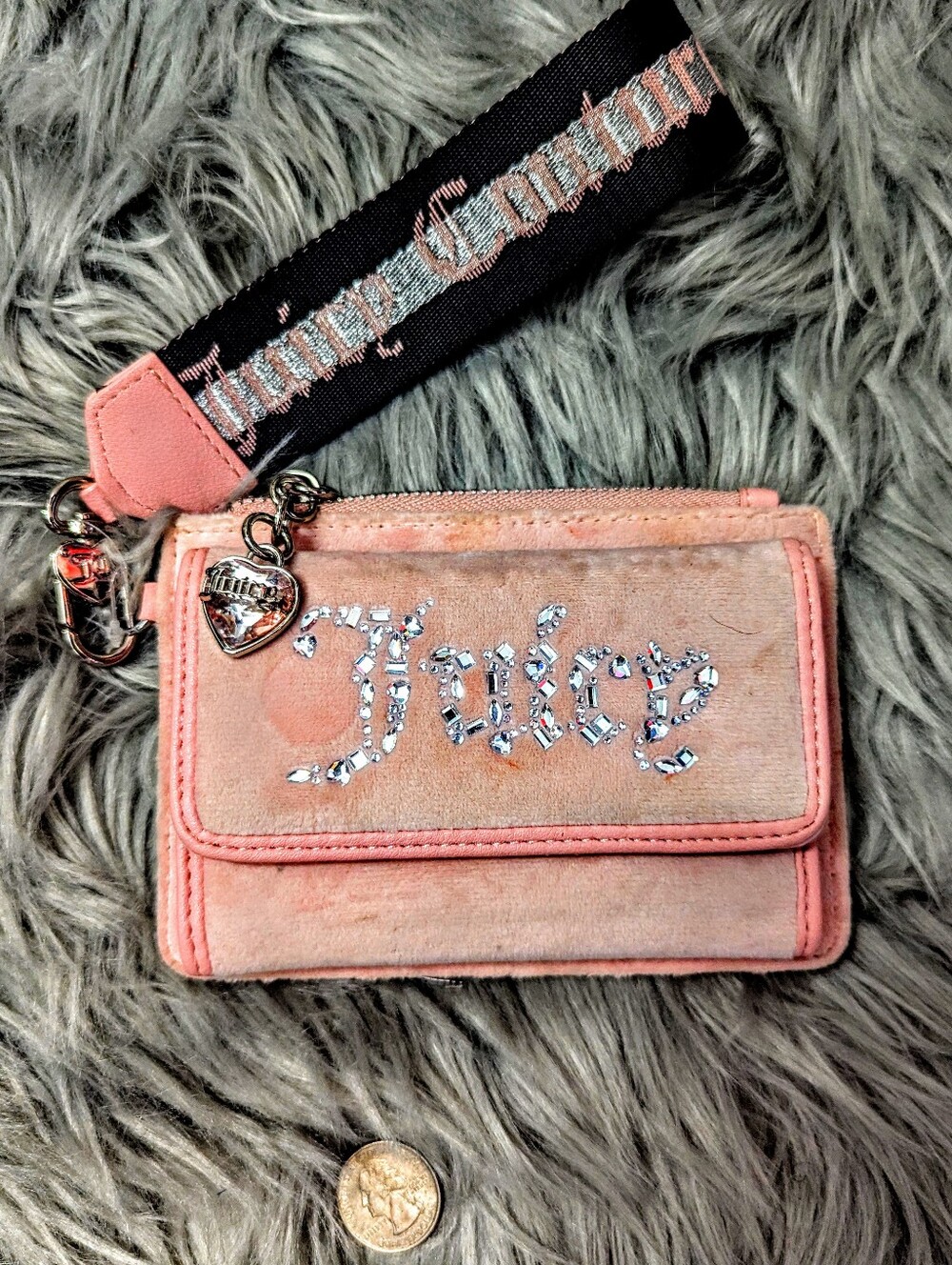 Juicy Couture Blush Pink Jeweled Velvet Card Wallet with Strap